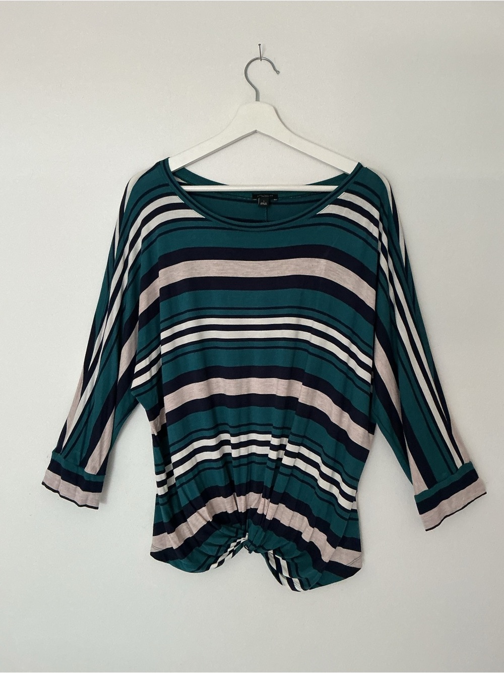Ann Taylor Striped Top with Crossthrough Bottom Front - Teal, Navy, White & Grey